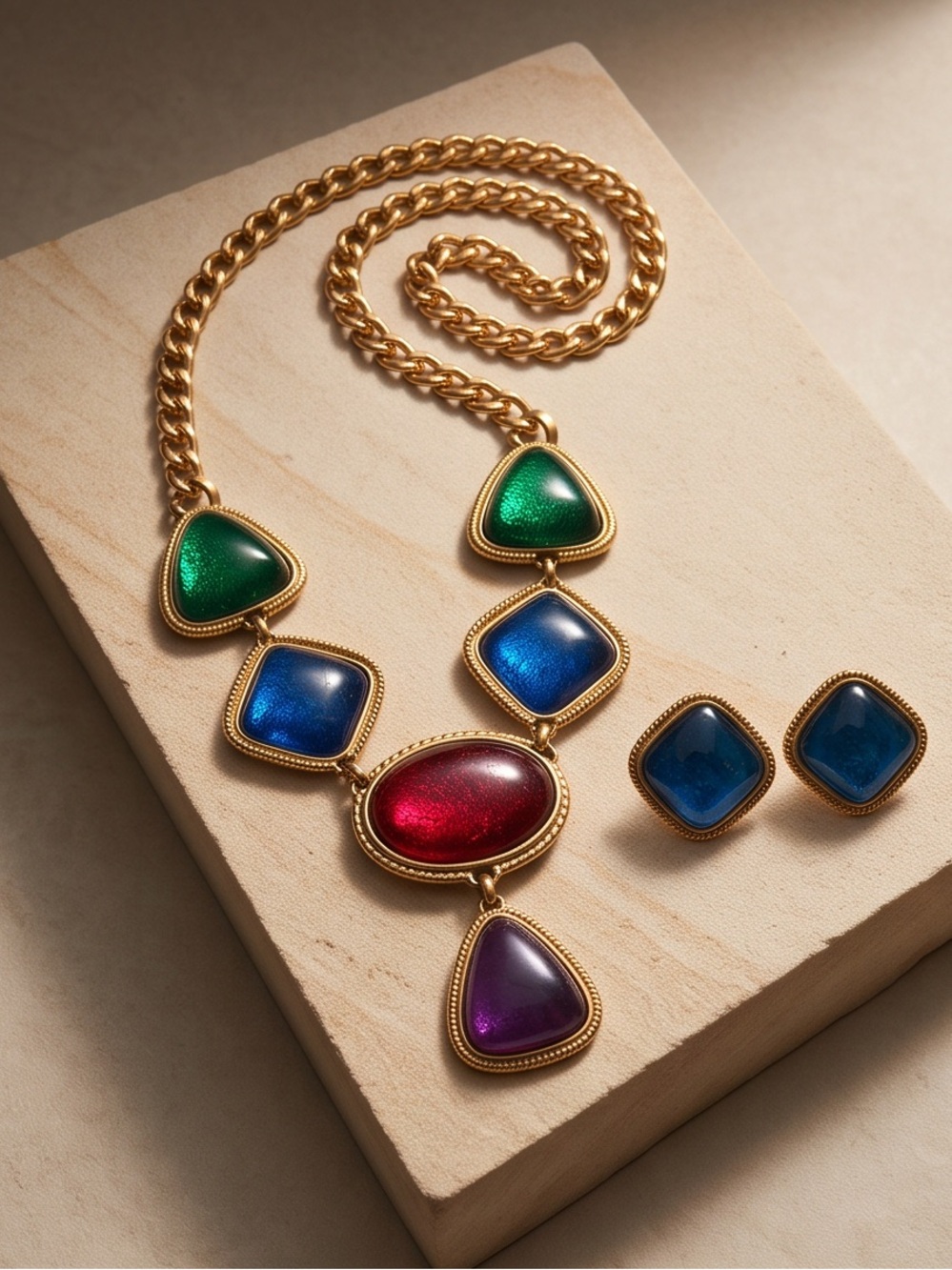 Kenneth Jay Lane Multicolor Cabochon Gold-Tone Necklace and clip on earrings set - Picture 4 of 4